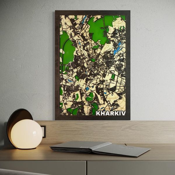 Дерев'яний декор для дому Framelier 3D картина на стіну "Карта Харків" декоративне панно 70&times;50 см, темне (FR-016) FR-016 фото